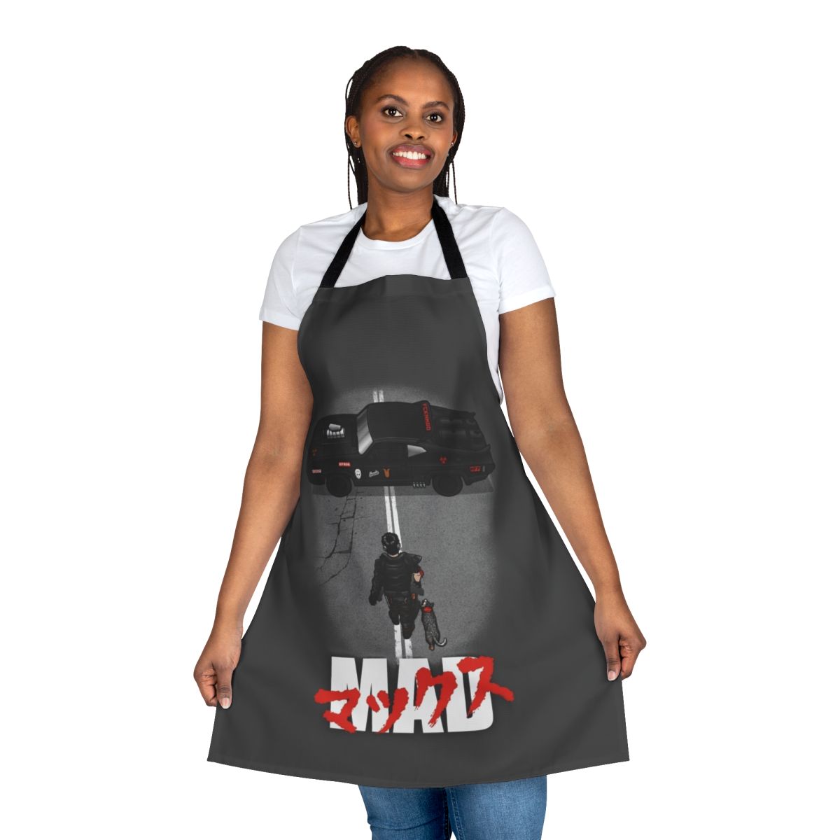 "The Mad Warrior Apron, a post-apocalyptic inspired design paying homage to classic 80s movies like Mad Max and Road Warrior."