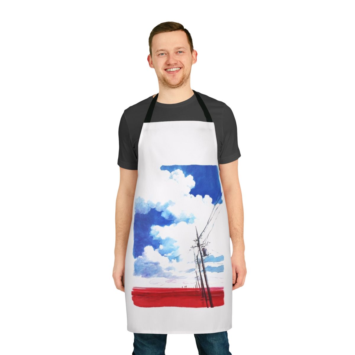 Artistic Evangelion-themed apron featuring a surreal, apocalyptic seascape inspired by the Neon Genesis Evangelion series.