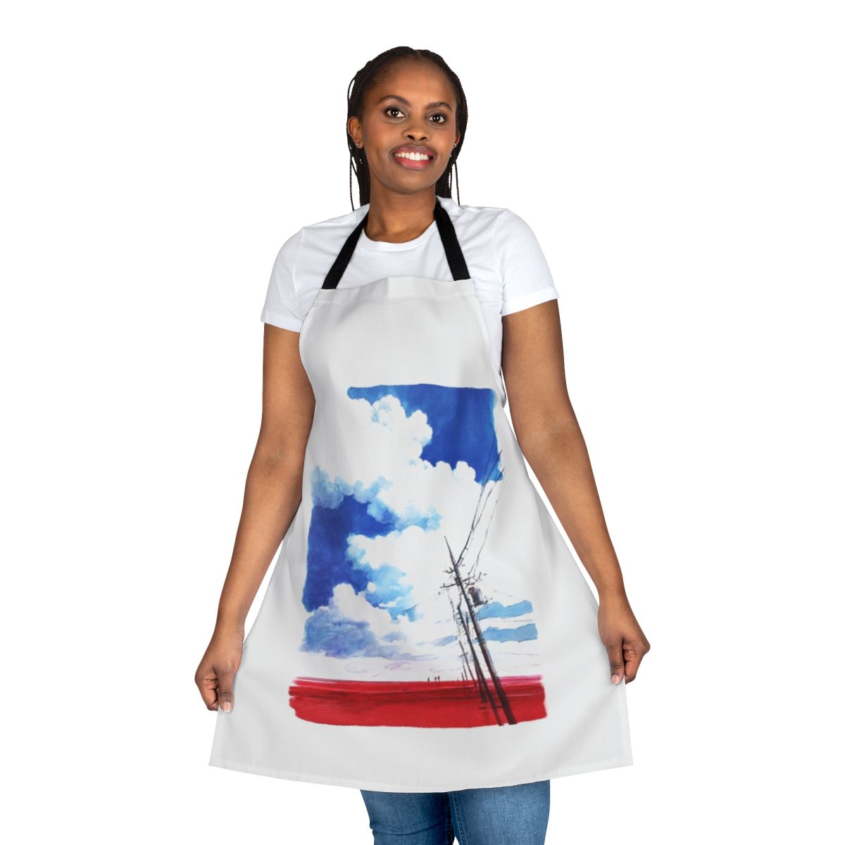 Artistic Evangelion-themed apron featuring a surreal, apocalyptic seascape inspired by the Neon Genesis Evangelion series.