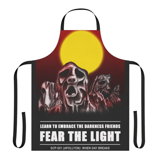 An apron with a dark, dystopian design inspired by the SCP 001 "When Day Breaks" scenario.