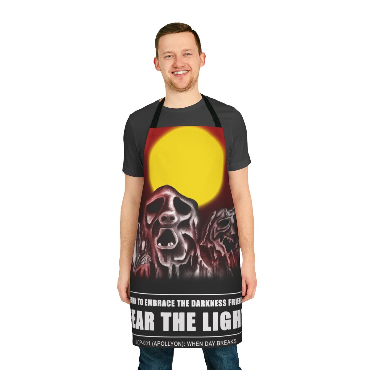 An apron with a dark, dystopian design inspired by the SCP 001 "When Day Breaks" scenario.