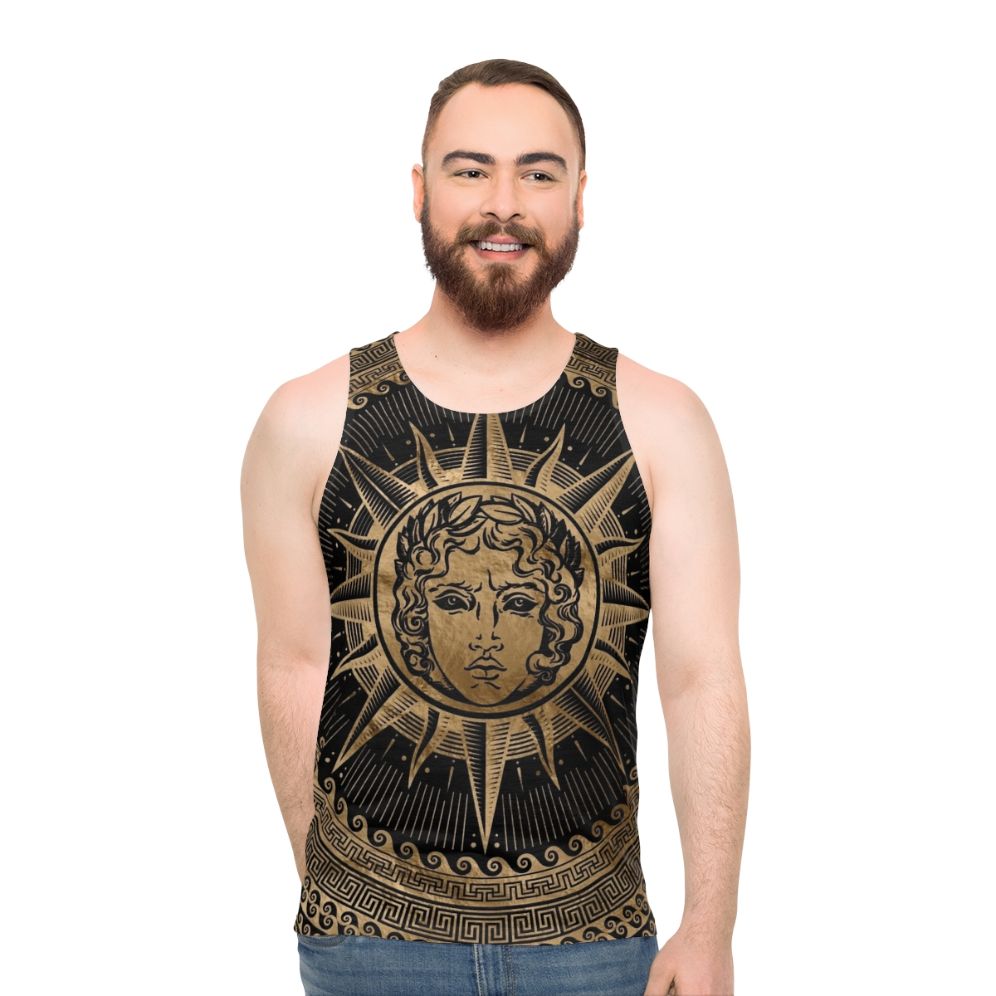 Unisex tank top featuring the Greek sun god Apollo with a Greek key pattern design