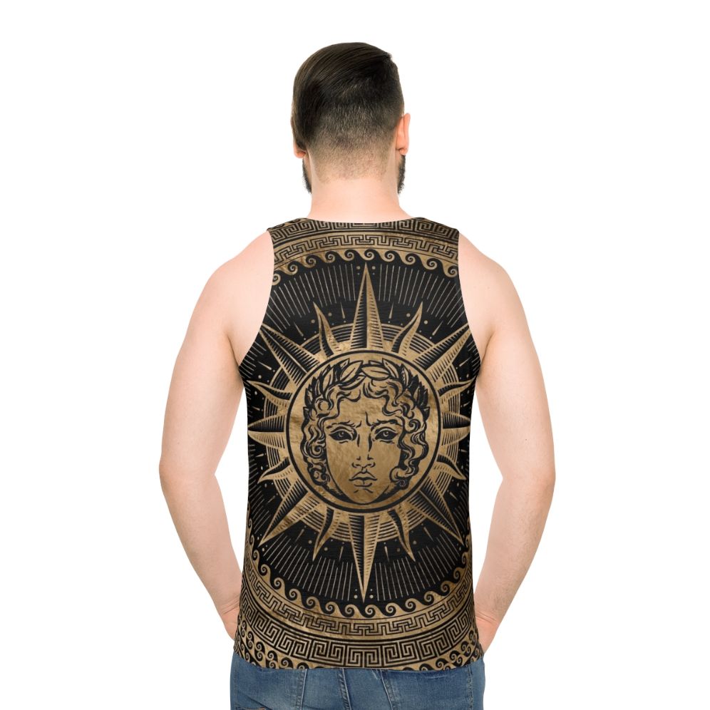 Unisex tank top featuring the Greek sun god Apollo with a Greek key pattern design