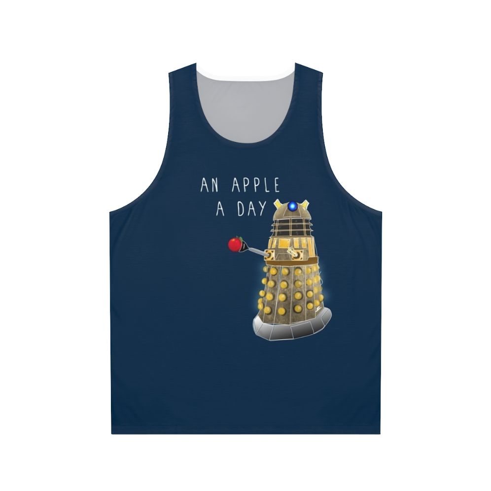 Unisex tank top with graphic design of apple and "Apple A Day Keeps Doctor Away" text