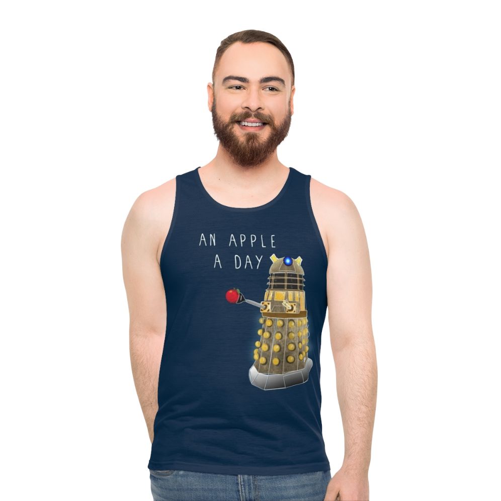 Unisex tank top with graphic design of apple and "Apple A Day Keeps Doctor Away" text