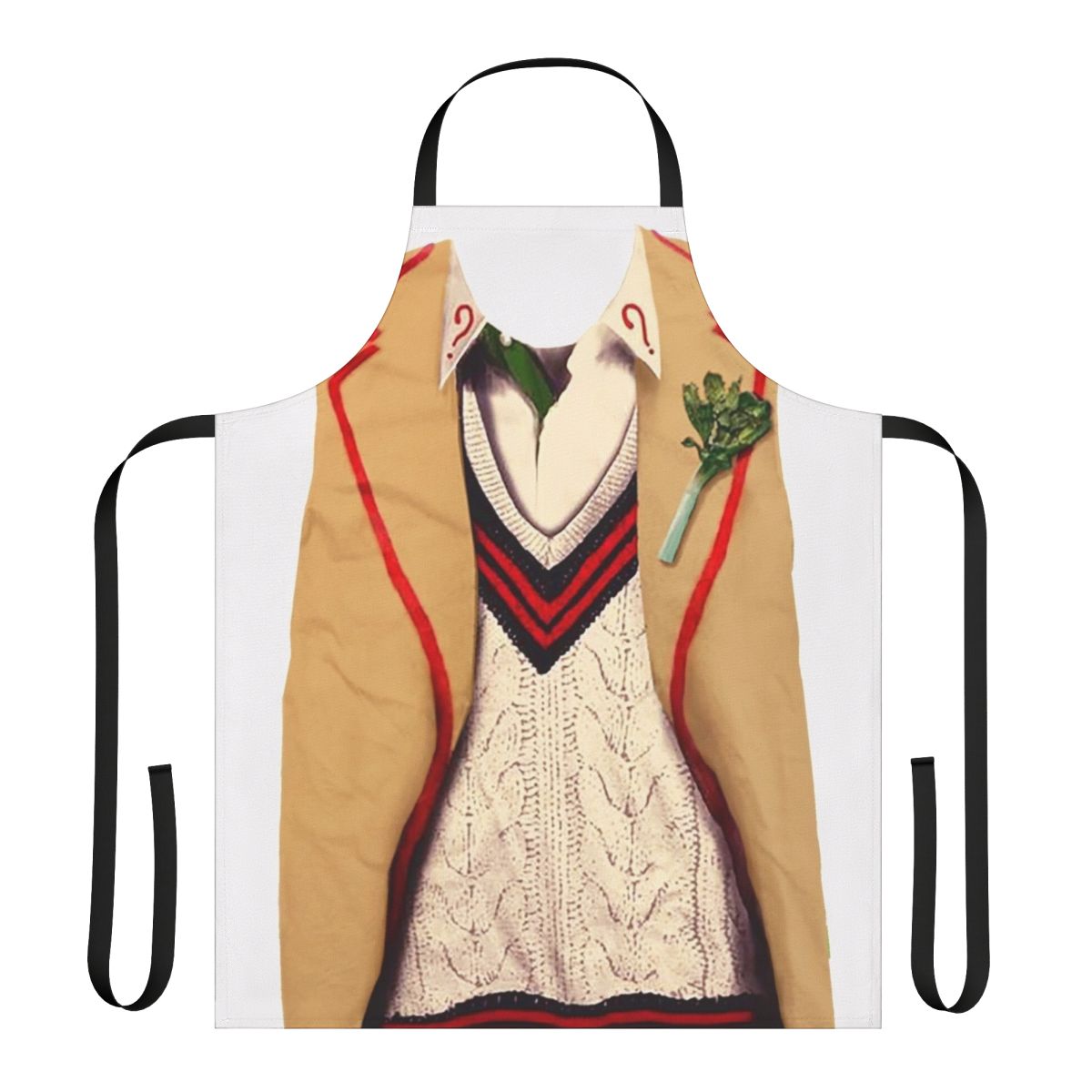 A stylized apron featuring the 5th Doctor, Peter Davison, from the popular sci-fi series Doctor Who.