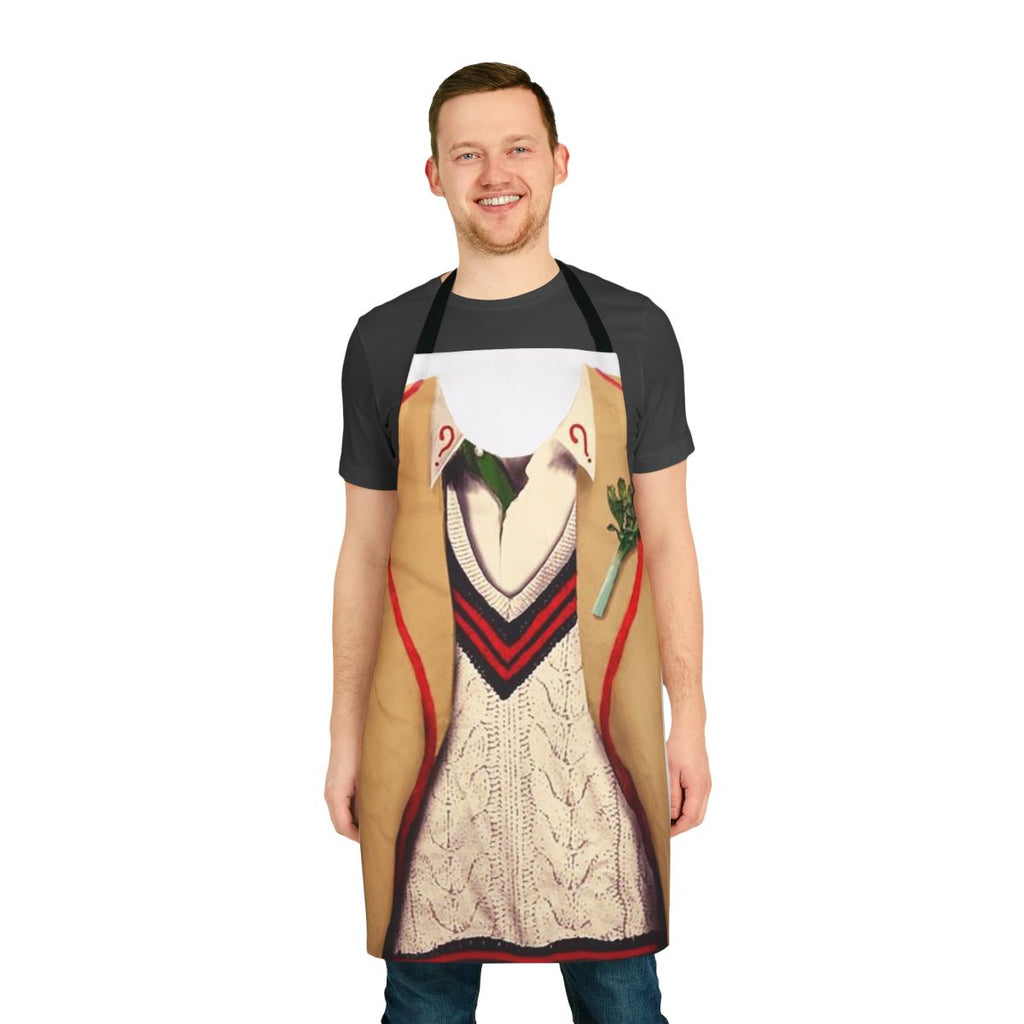 A stylized apron featuring the 5th Doctor, Peter Davison, from the popular sci-fi series Doctor Who.