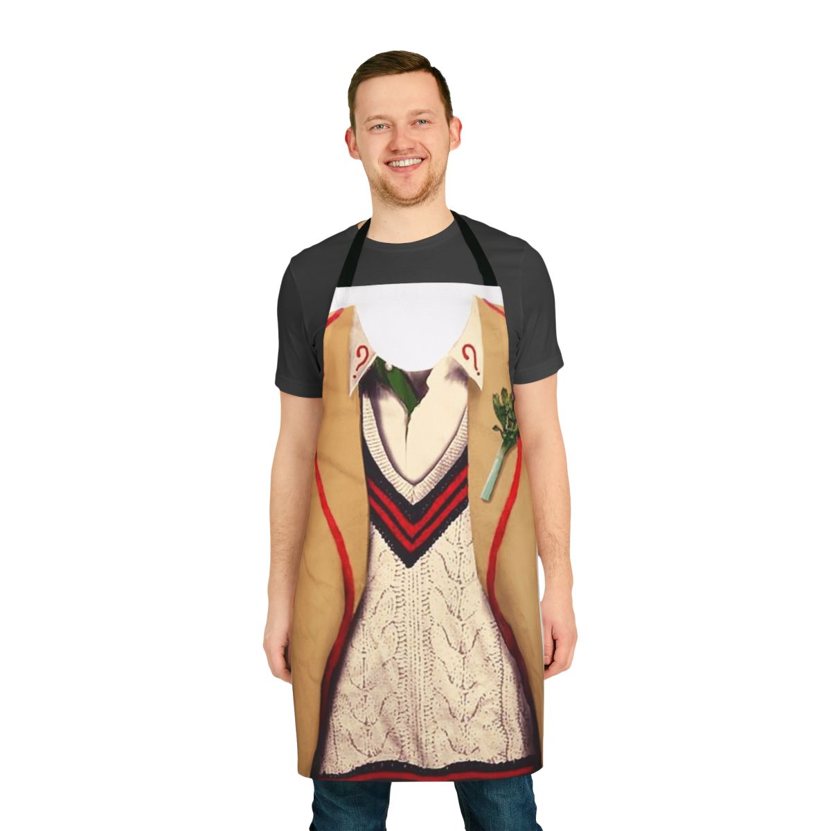 A stylized apron featuring the 5th Doctor, Peter Davison, from the popular sci-fi series Doctor Who.