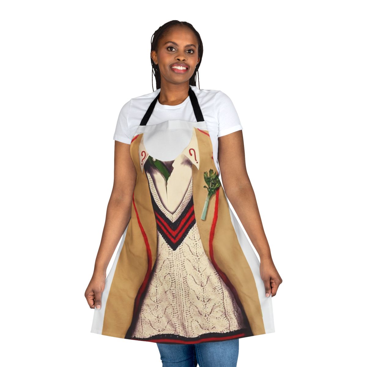 A stylized apron featuring the 5th Doctor, Peter Davison, from the popular sci-fi series Doctor Who.