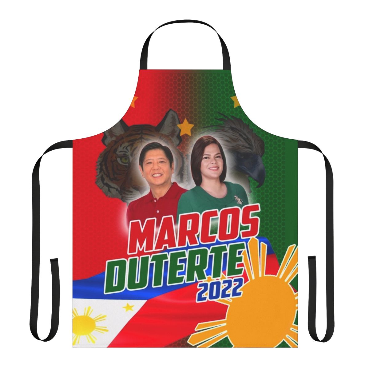 An apron featuring the names and images of Bongbong Marcos and Sara Duterte, candidates in the 2022 Philippines election.
