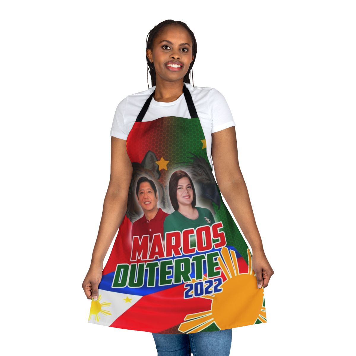 An apron featuring the names and images of Bongbong Marcos and Sara Duterte, candidates in the 2022 Philippines election.