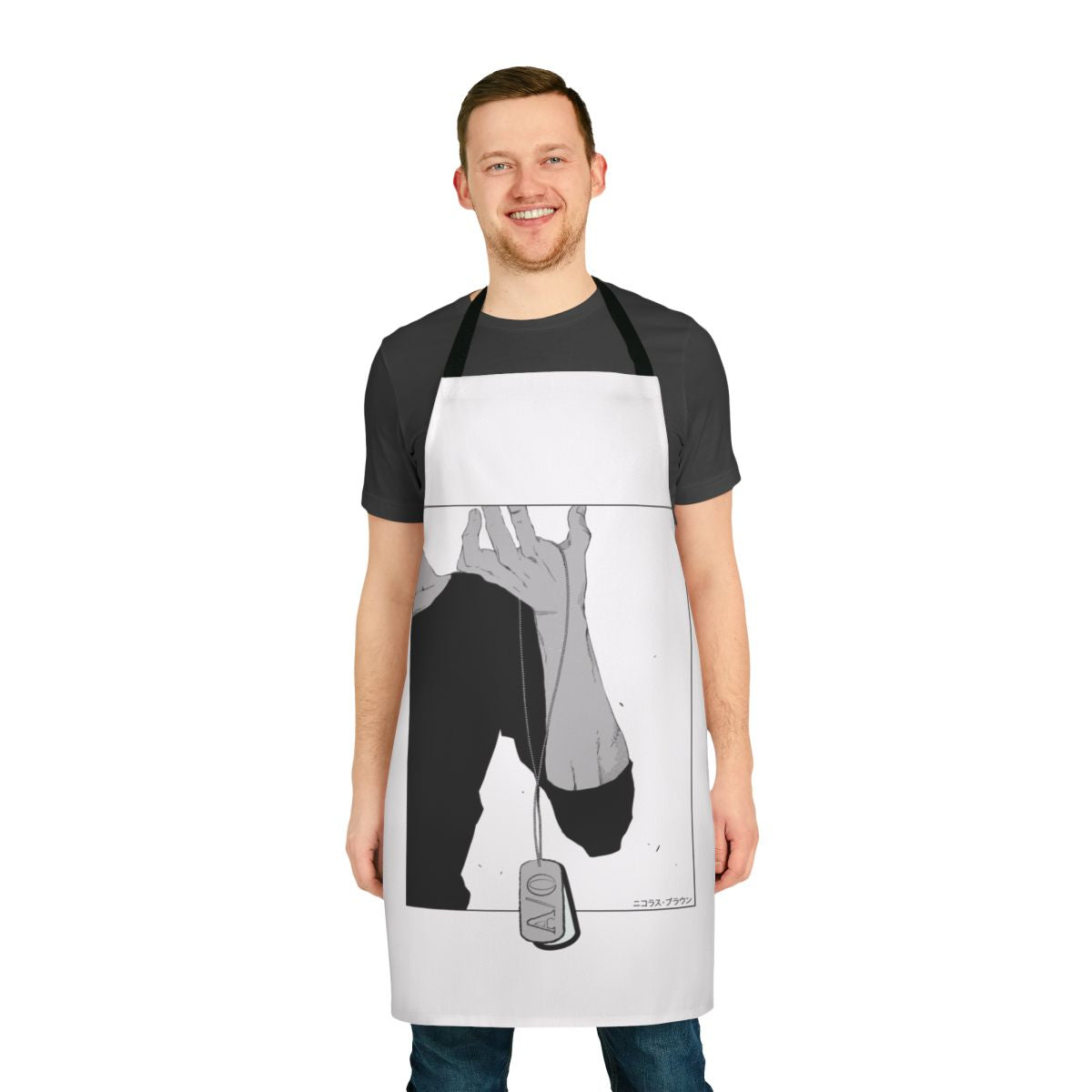 Apron with black and white manga-style artwork of Nicolas Brown character from Gangsta anime series