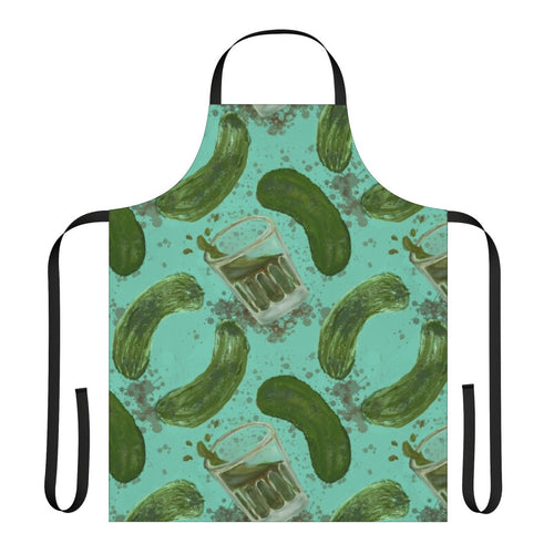 Aqua apron with a pickleback pattern, featuring turquoise and green colors.