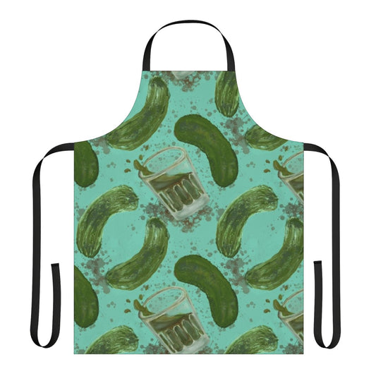 Aqua apron with a pickleback pattern, featuring turquoise and green colors.