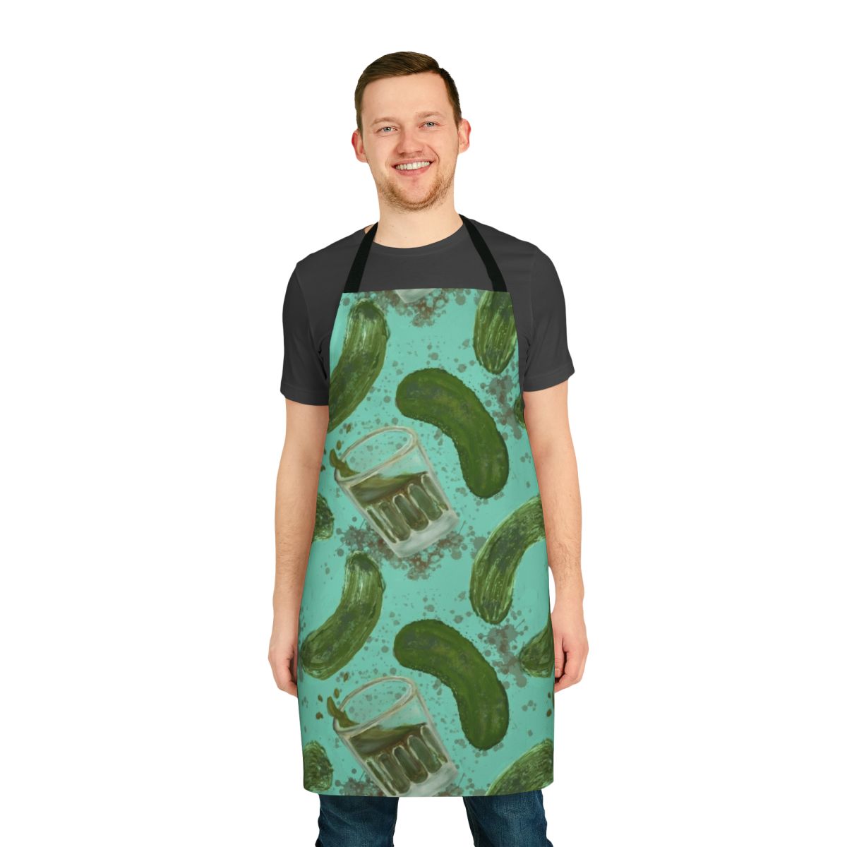 Aqua apron with a pickleback pattern, featuring turquoise and green colors.