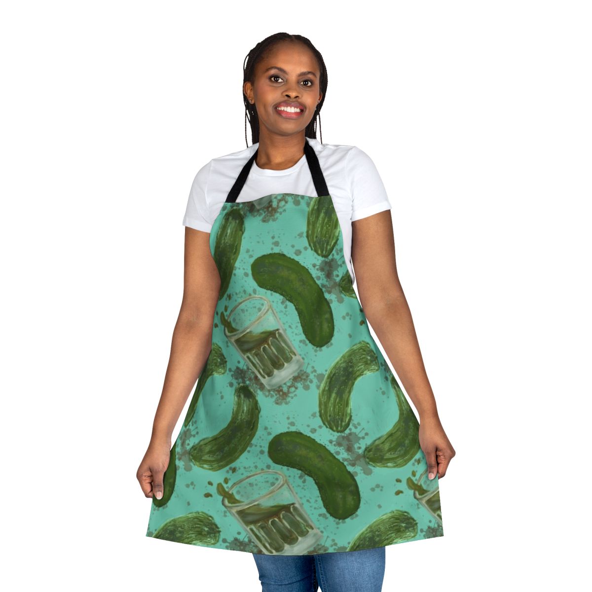 Aqua apron with a pickleback pattern, featuring turquoise and green colors.
