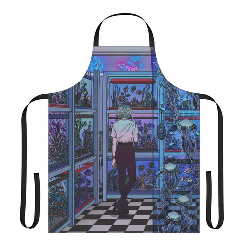 Colorful aquarium-themed apron with fish, jellyfish, and underwater imagery