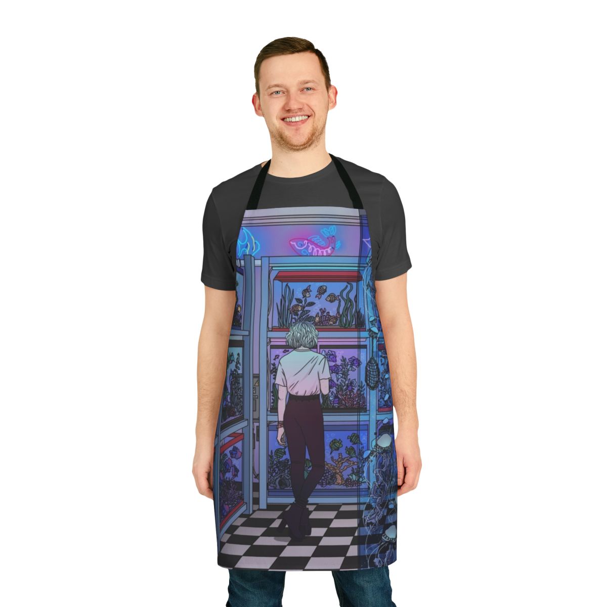 Colorful aquarium-themed apron with fish, jellyfish, and underwater imagery