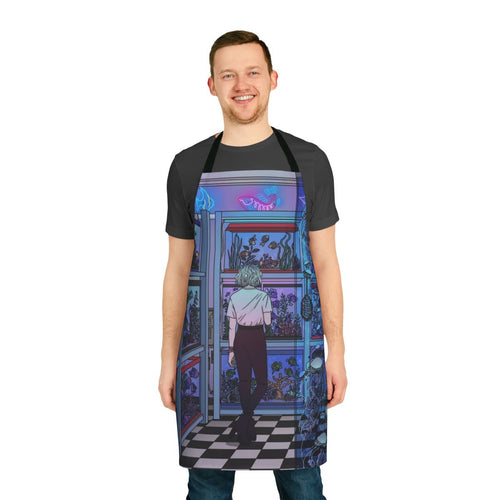 Colorful aquarium-themed apron with fish, jellyfish, and underwater imagery