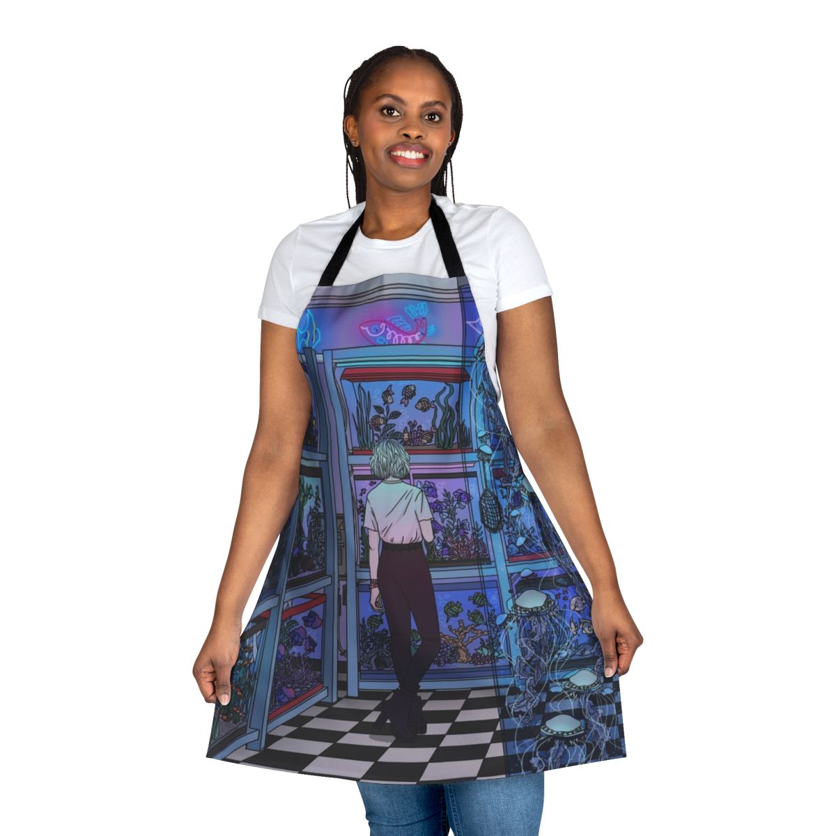 Colorful aquarium-themed apron with fish, jellyfish, and underwater imagery