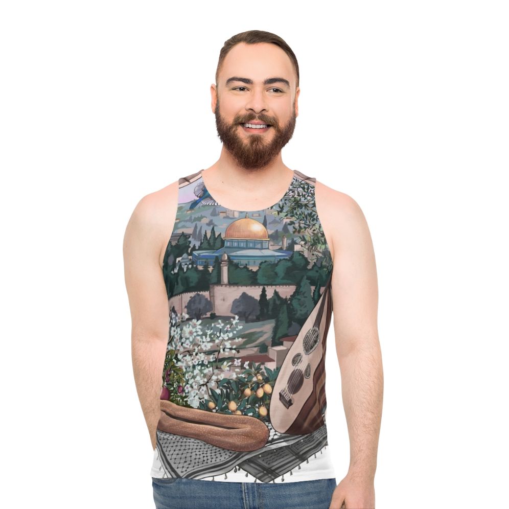 Arabic Unisex Tank Top Featuring Palestine Symbols
