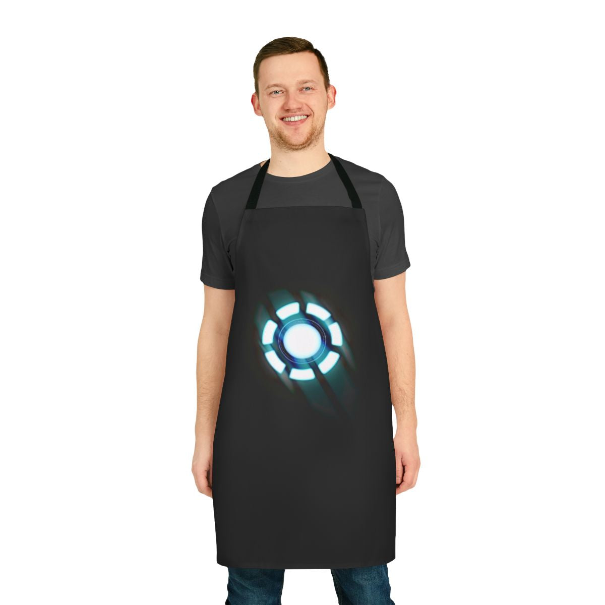 Arc reactor inspired superhero apron with a unique t-shirt design graphic