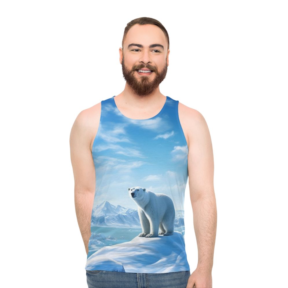 Unisex tank top featuring a breathtaking arctic landscape with a polar bear