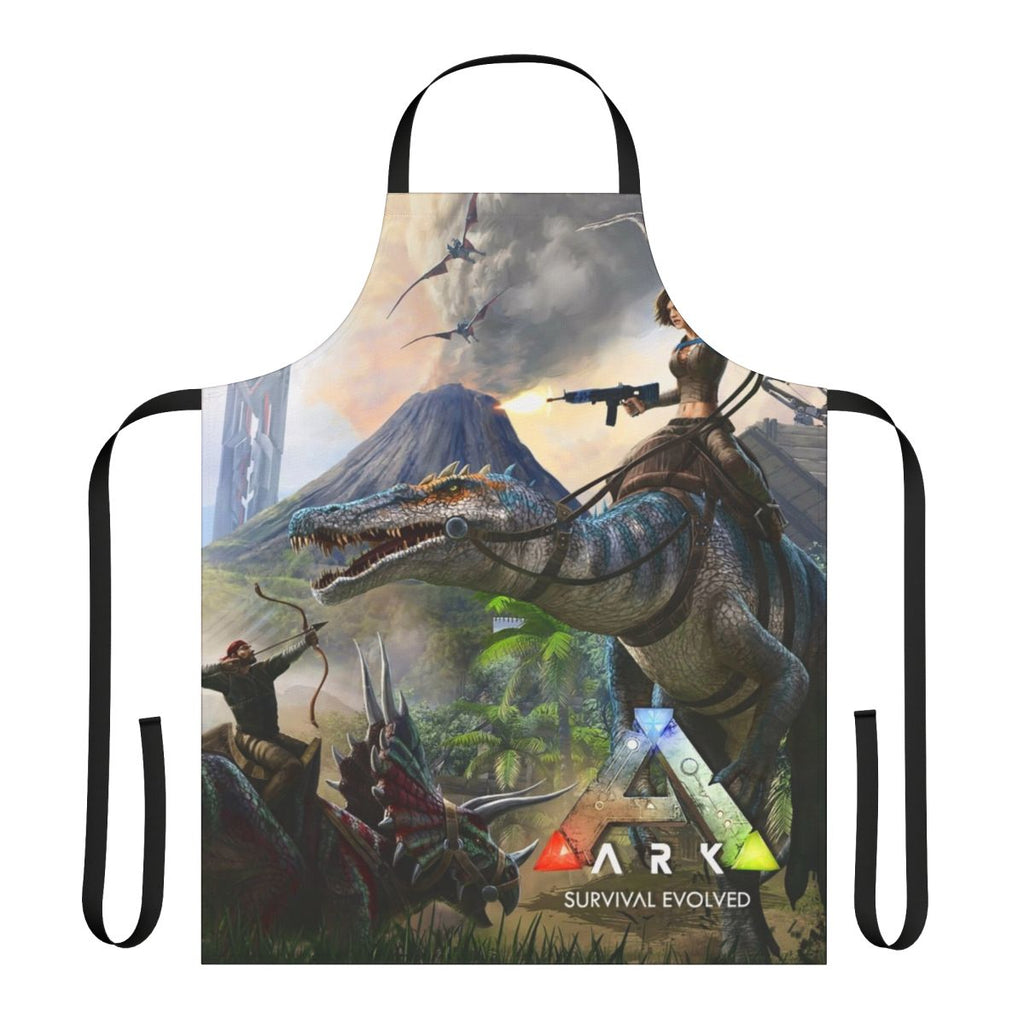 An apron featuring artwork inspired by the game Ark Survival Evolved, with dinosaurs and a survival theme.
