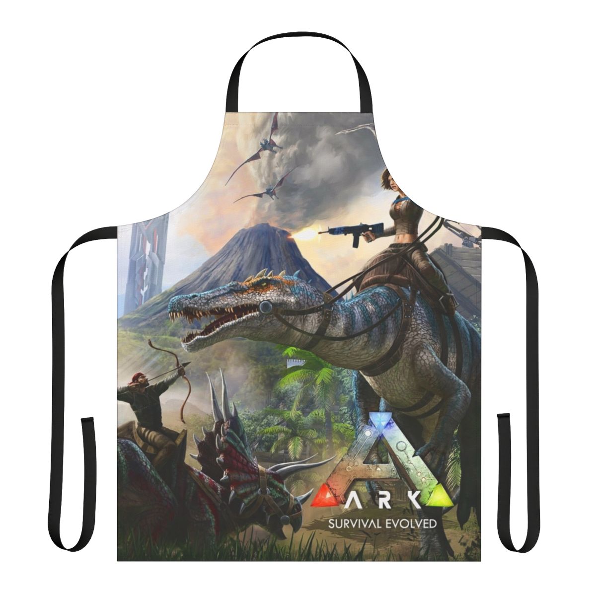 An apron featuring artwork inspired by the game Ark Survival Evolved, with dinosaurs and a survival theme.