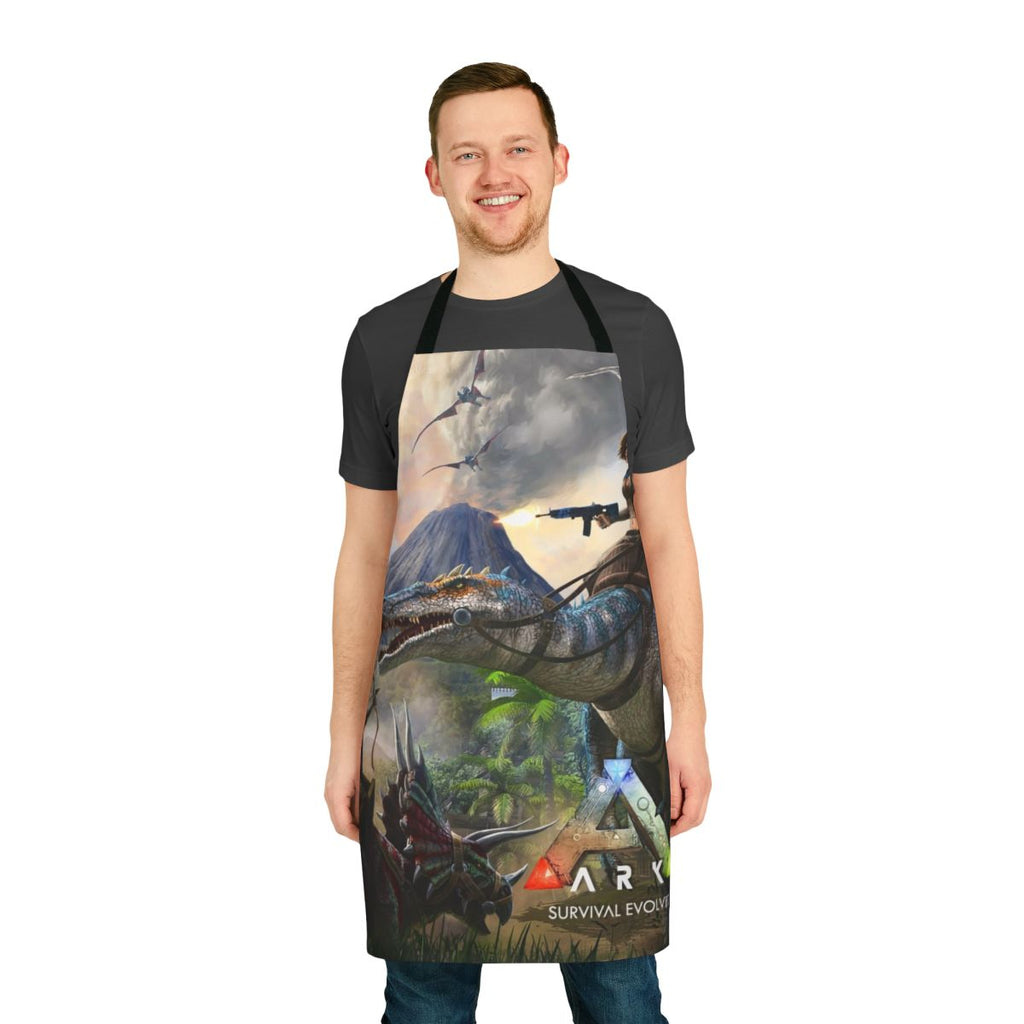 An apron featuring artwork inspired by the game Ark Survival Evolved, with dinosaurs and a survival theme.