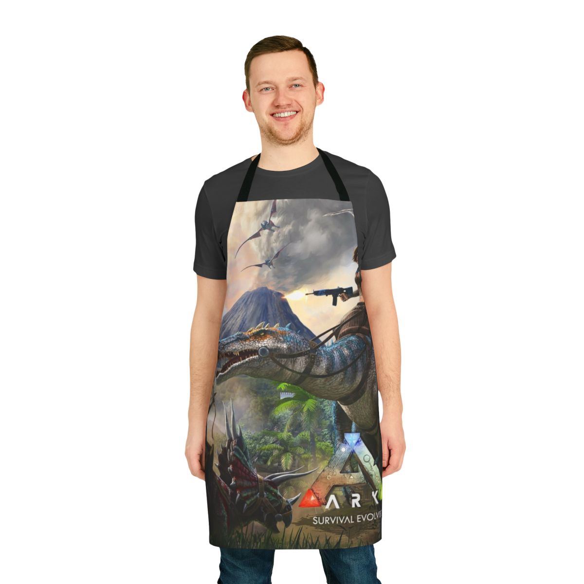An apron featuring artwork inspired by the game Ark Survival Evolved, with dinosaurs and a survival theme.
