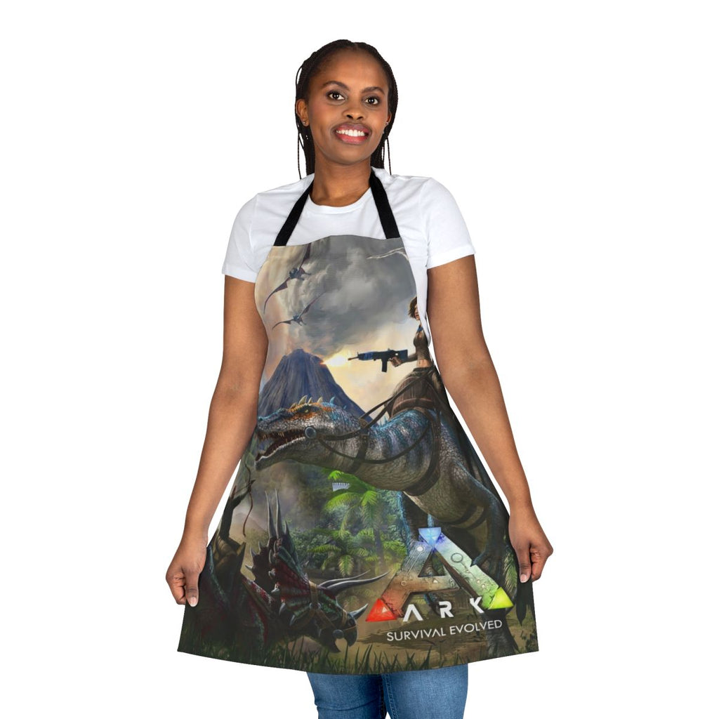 An apron featuring artwork inspired by the game Ark Survival Evolved, with dinosaurs and a survival theme.