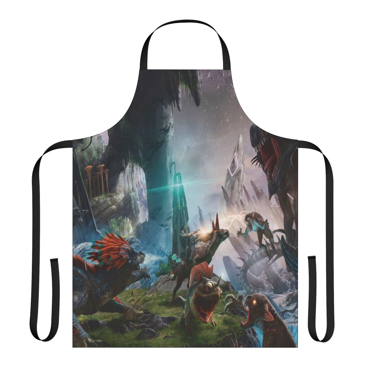 Ark Survival Evolve-themed apron featuring a dino fight graphic with explosion effects