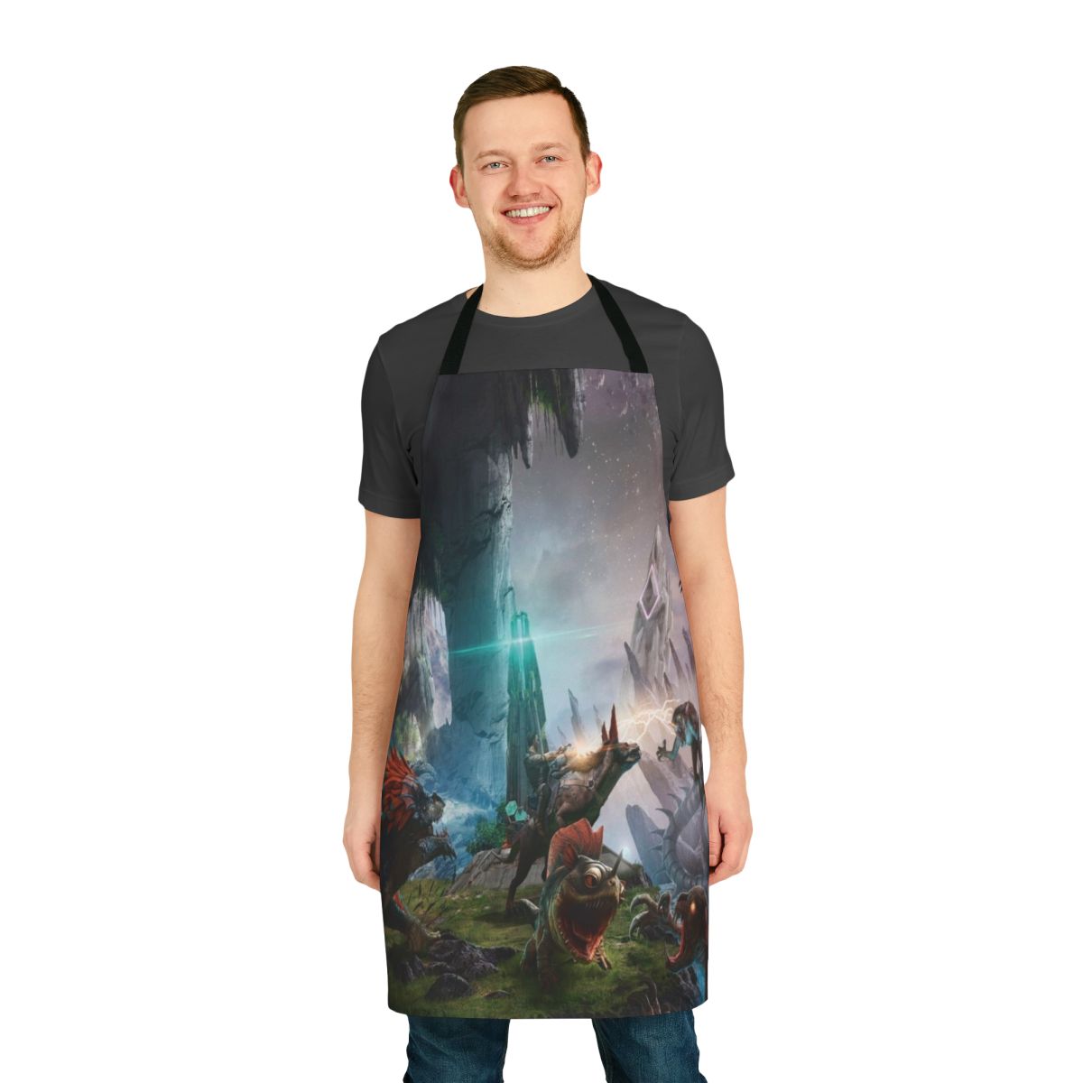 Ark Survival Evolve-themed apron featuring a dino fight graphic with explosion effects