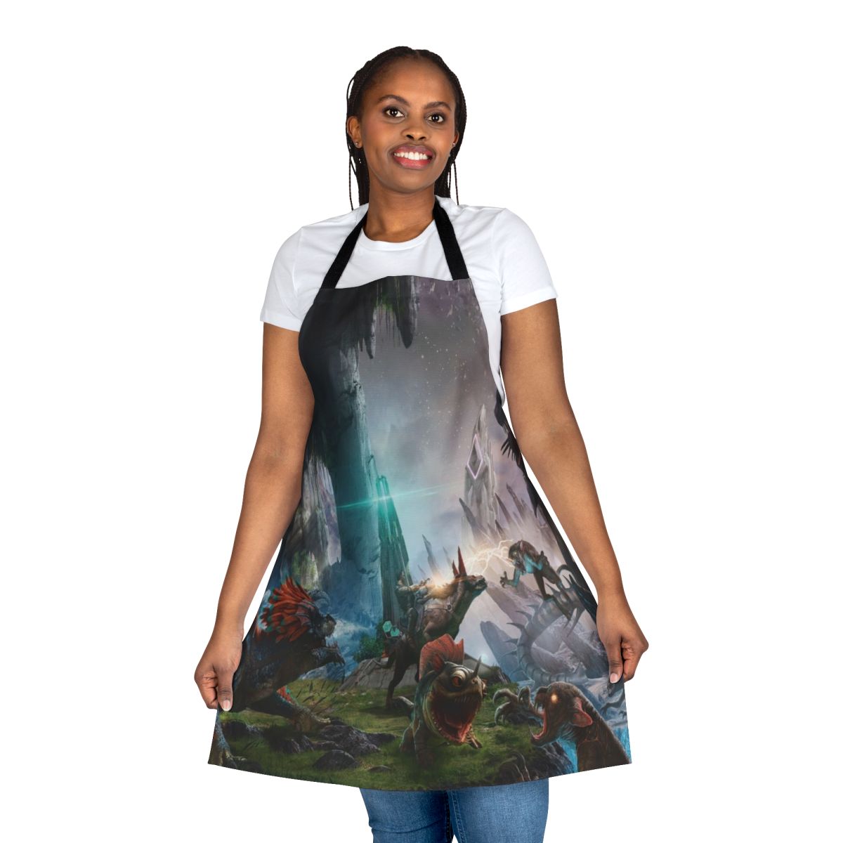 Ark Survival Evolve-themed apron featuring a dino fight graphic with explosion effects