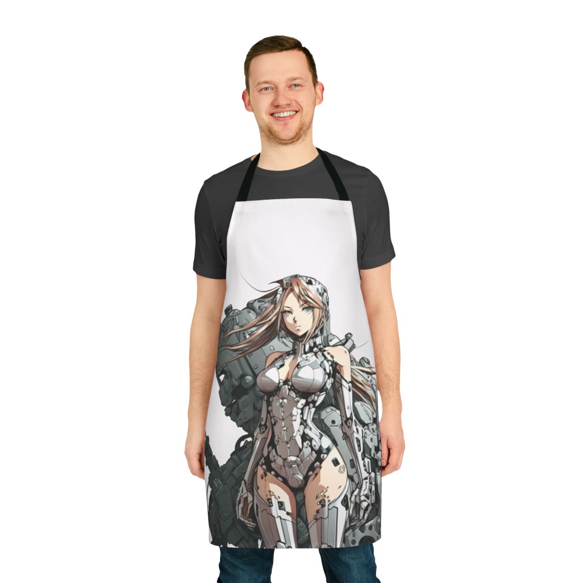 Armored anime-style grey apron with robotic design elements
