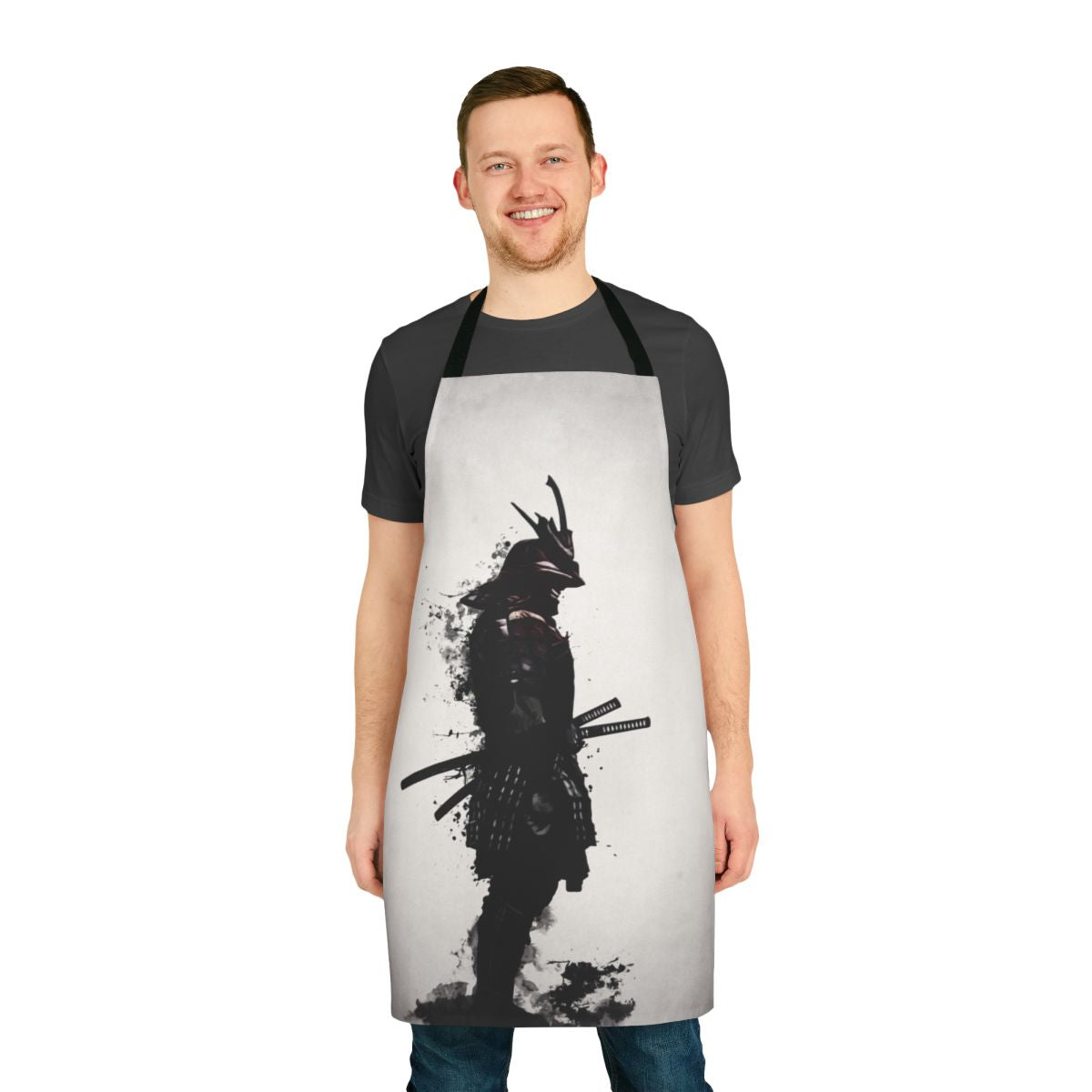 Armored samurai-inspired apron featuring dark spatter and ink patterns