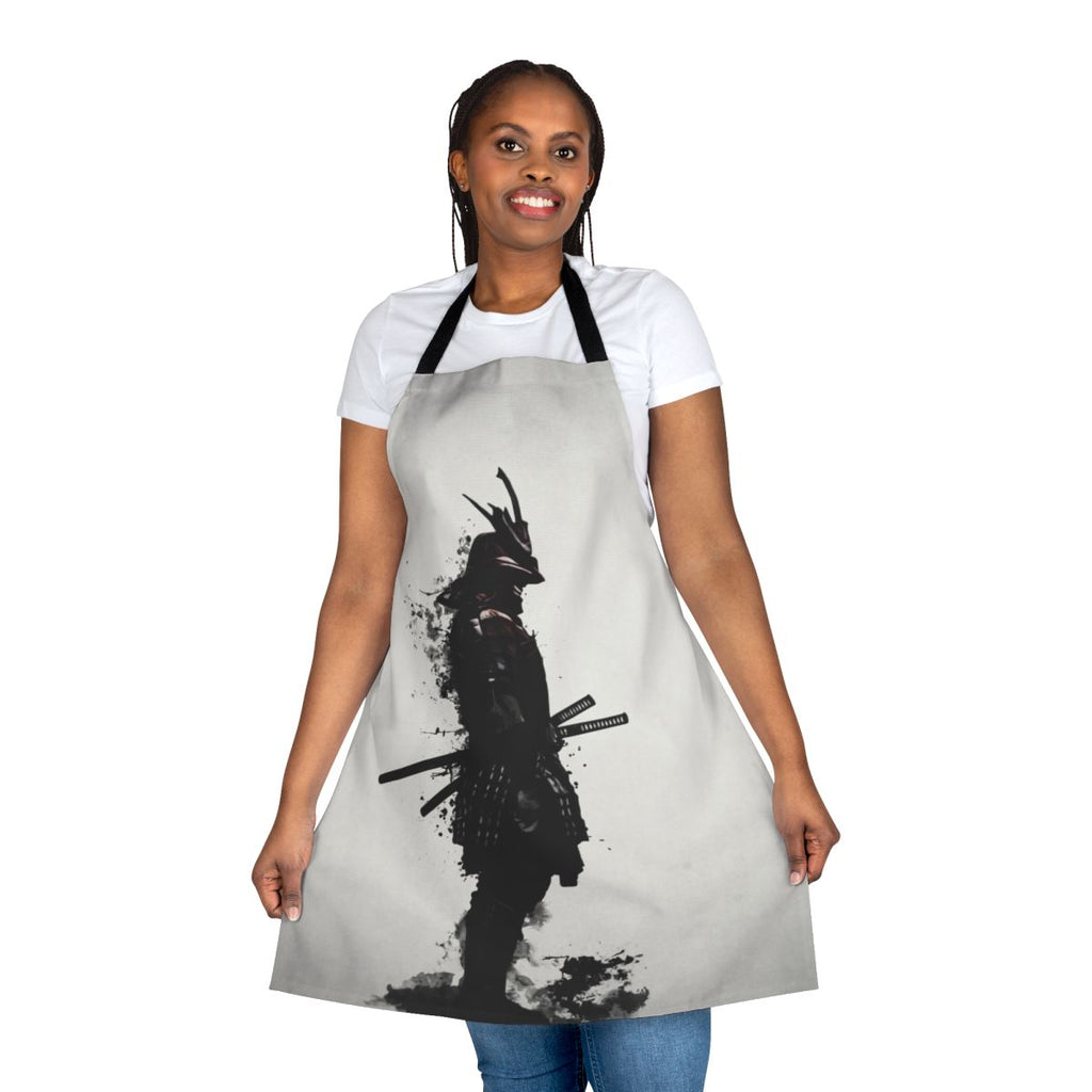 Armored samurai-inspired apron featuring dark spatter and ink patterns