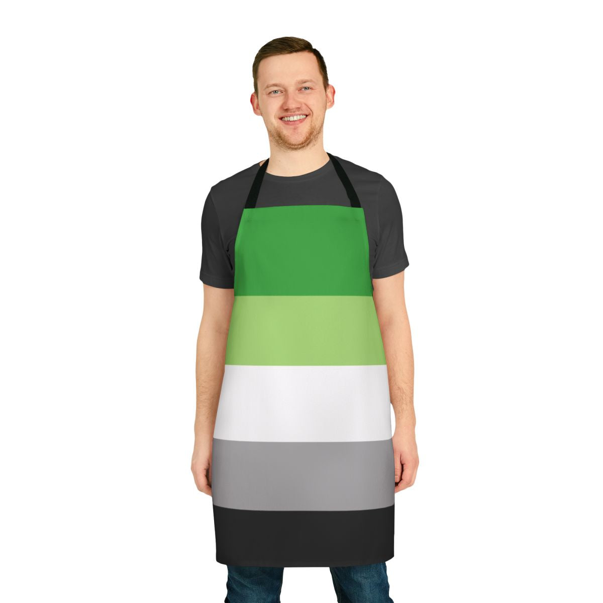 Colorful aromantic pride flag design on a high-quality, durable apron
