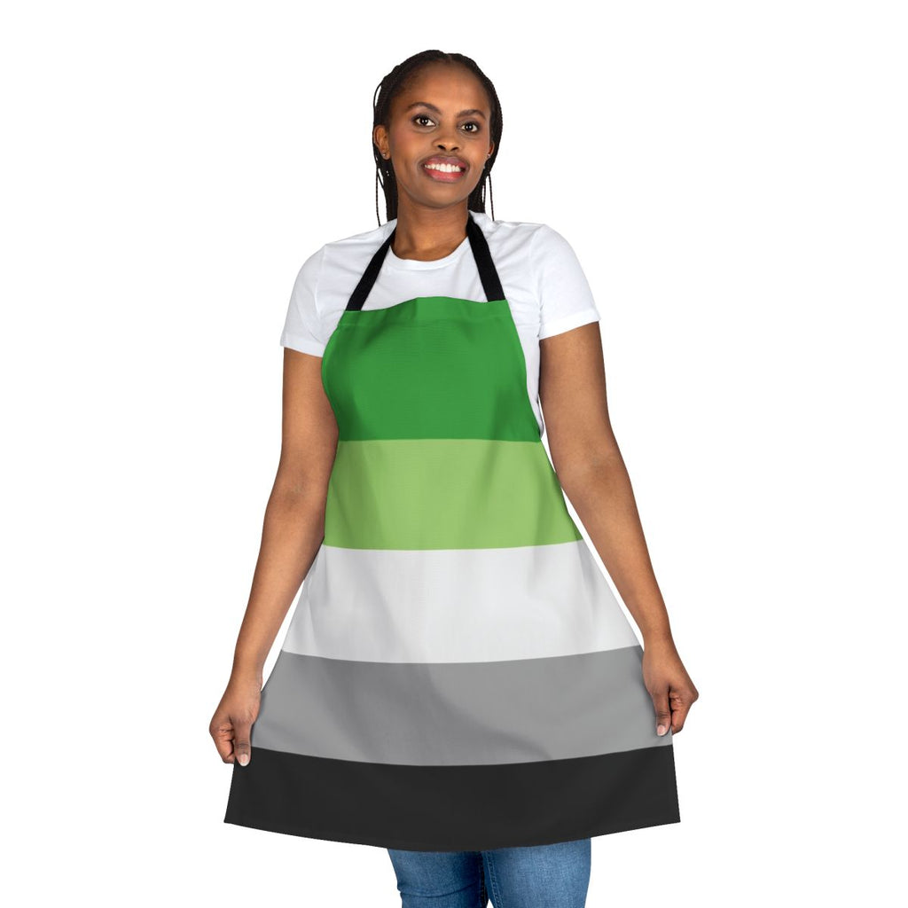 Colorful aromantic pride flag design on a high-quality, durable apron