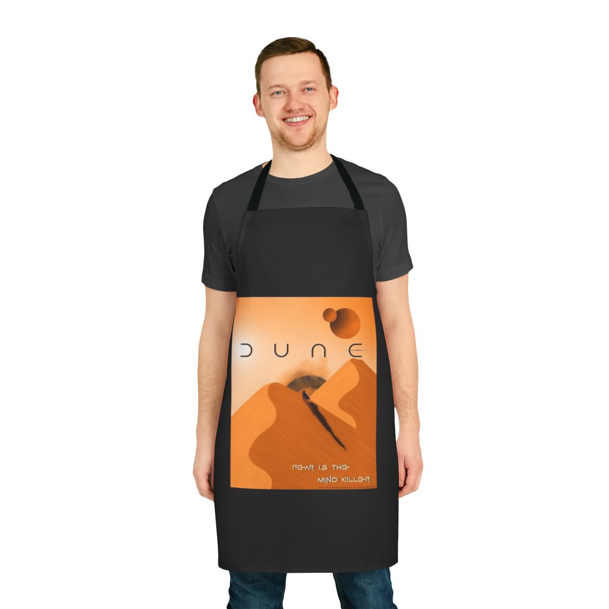Dune-inspired kitchen apron featuring the iconic "Fear is the Mind Killer" quote and Arrakis imagery