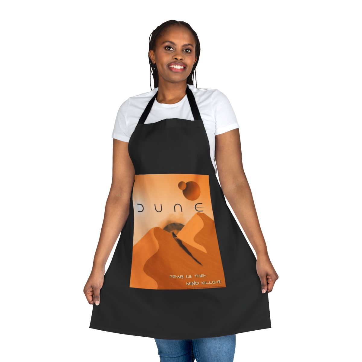 Dune-inspired kitchen apron featuring the iconic "Fear is the Mind Killer" quote and Arrakis imagery