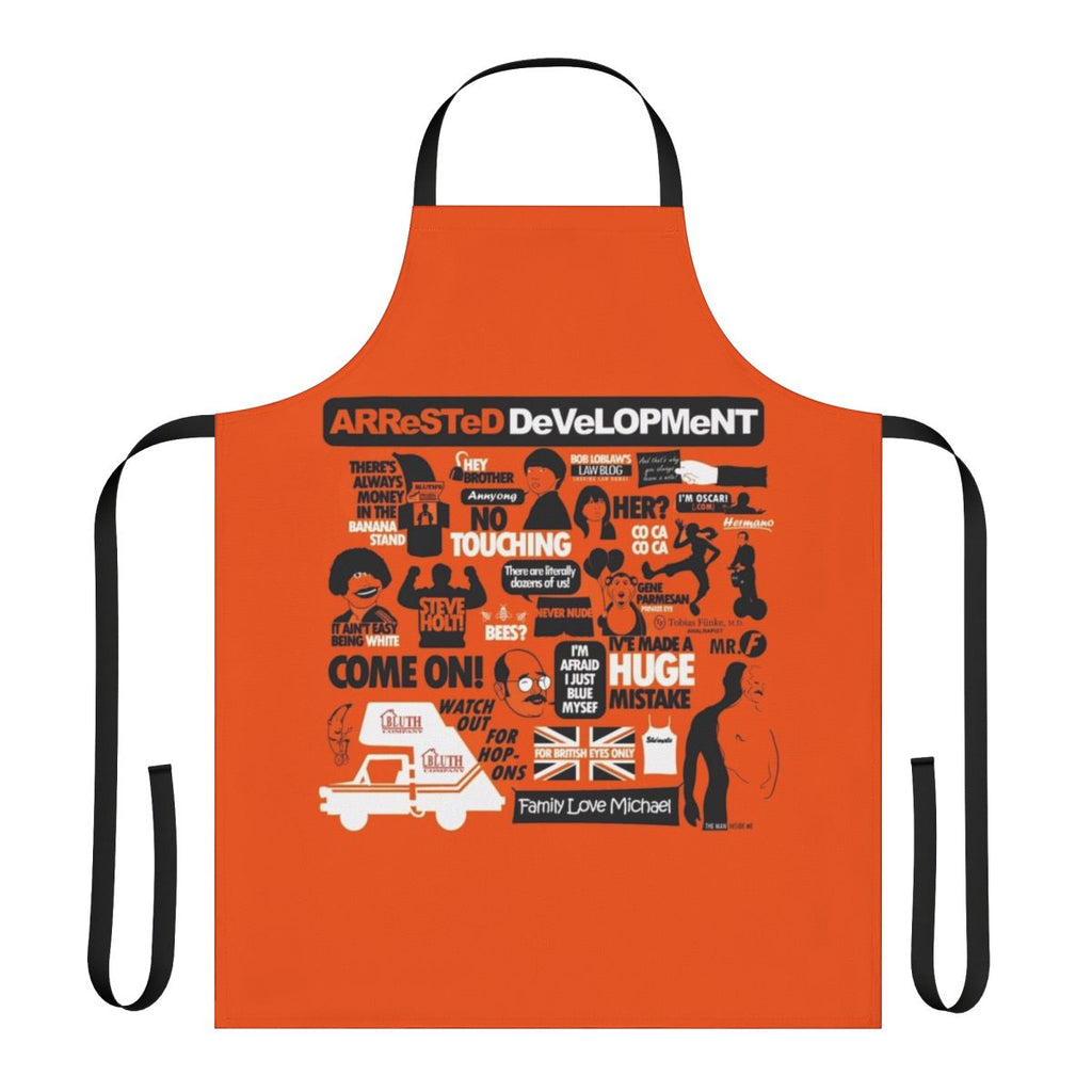 Model wearing an Arrested Development-themed apron with comedy and pop culture references.