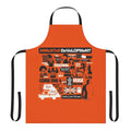 Model wearing an Arrested Development-themed apron with comedy and pop culture references.