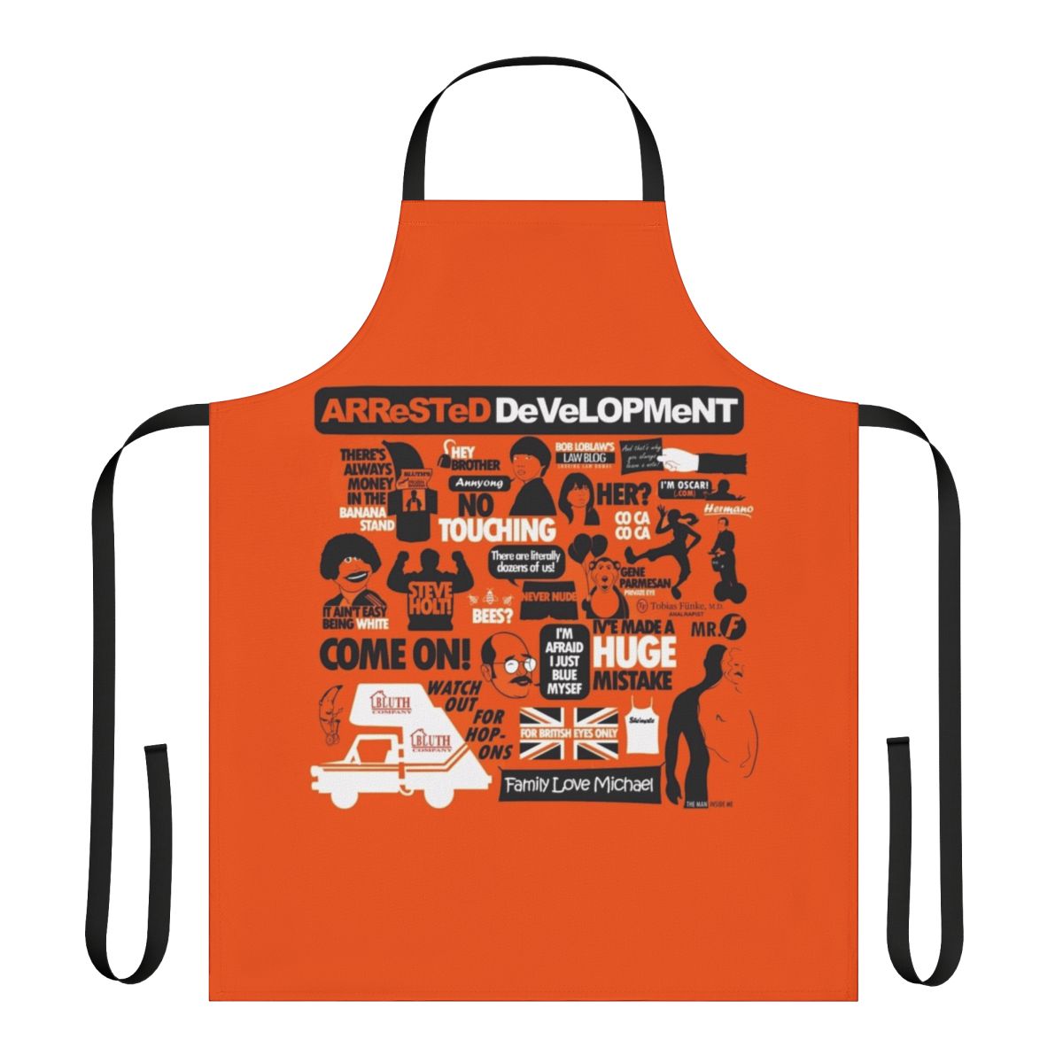 Model wearing an Arrested Development-themed apron with comedy and pop culture references.