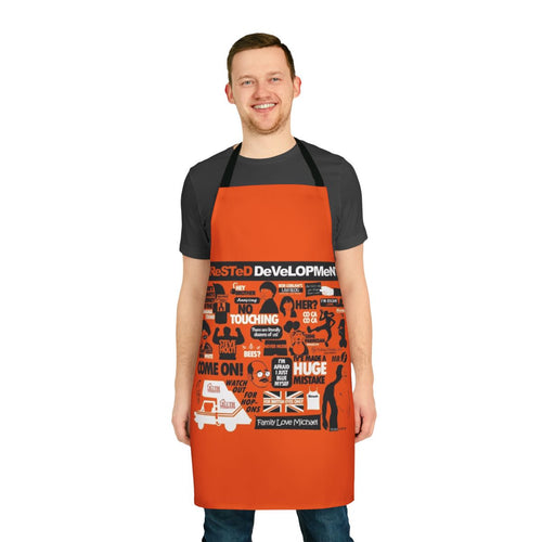 Model wearing an Arrested Development-themed apron with comedy and pop culture references.