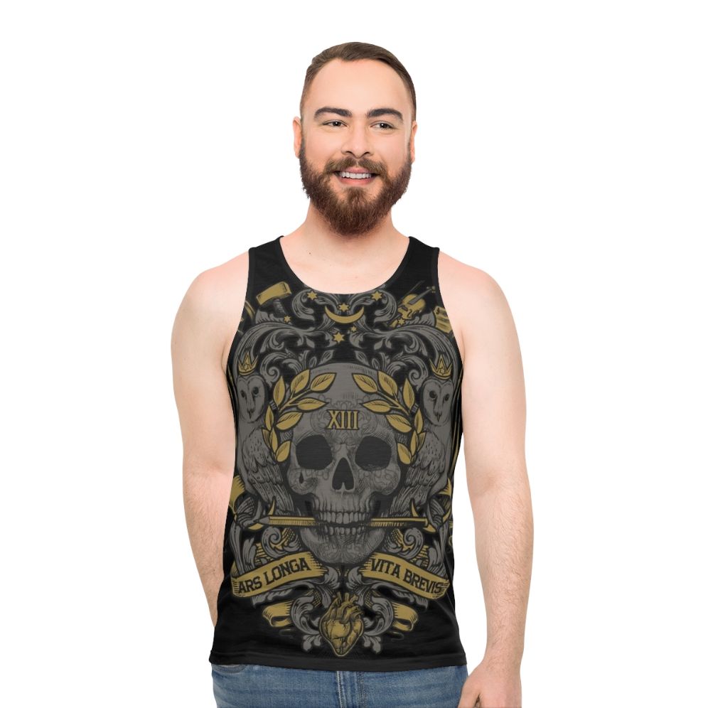 Ars Longa Vita Brevis unisex tank top with skull and heraldic design