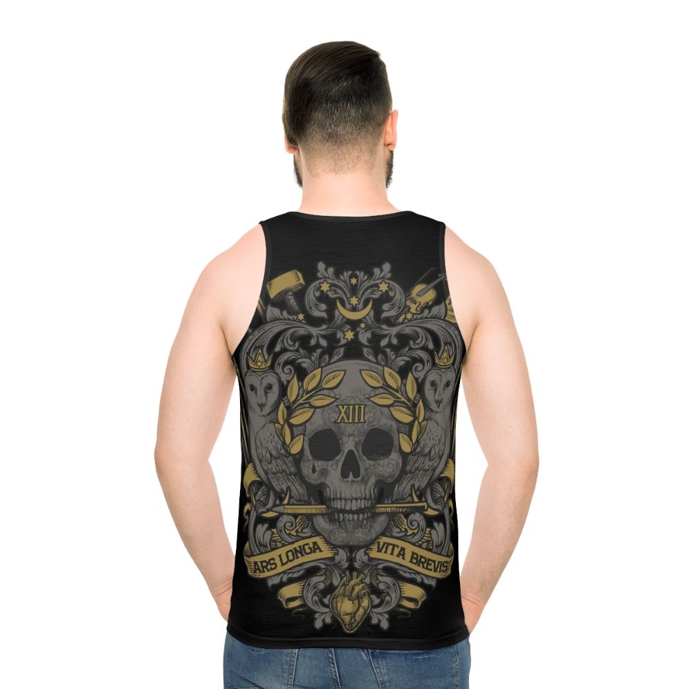 Ars Longa Vita Brevis unisex tank top with skull and heraldic design