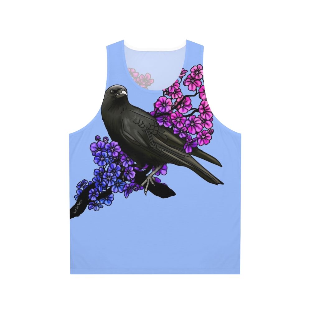 Unisex tank top with a bird and floral design in bisexual pride colors