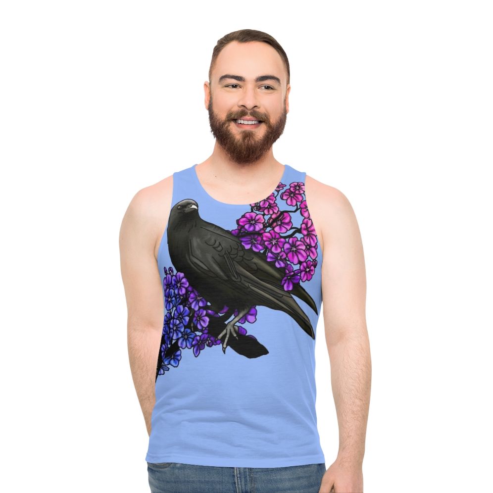 Unisex tank top with a bird and floral design in bisexual pride colors